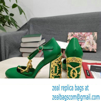 Dolce  &  Gabbana Logo Heel 10.5cm Chain leather T-strap Pumps Green 2022